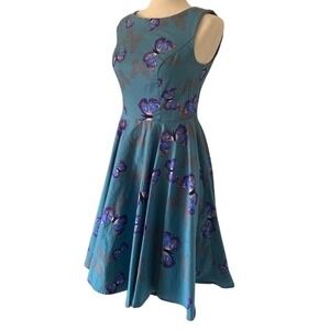 Grace Karin Butterfly Print Fit & Flare Dress M Teal Blue Whimsical Garden Party